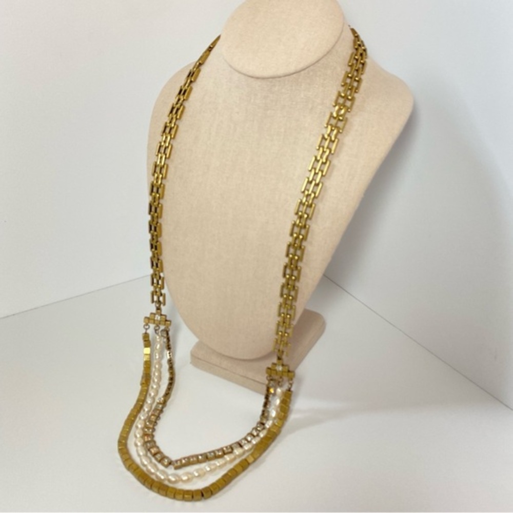 Ann Taylor Vintage Long Panther Chain Faux Pearl Rhinestone Antique Gold Tone - Picture 7 of 12